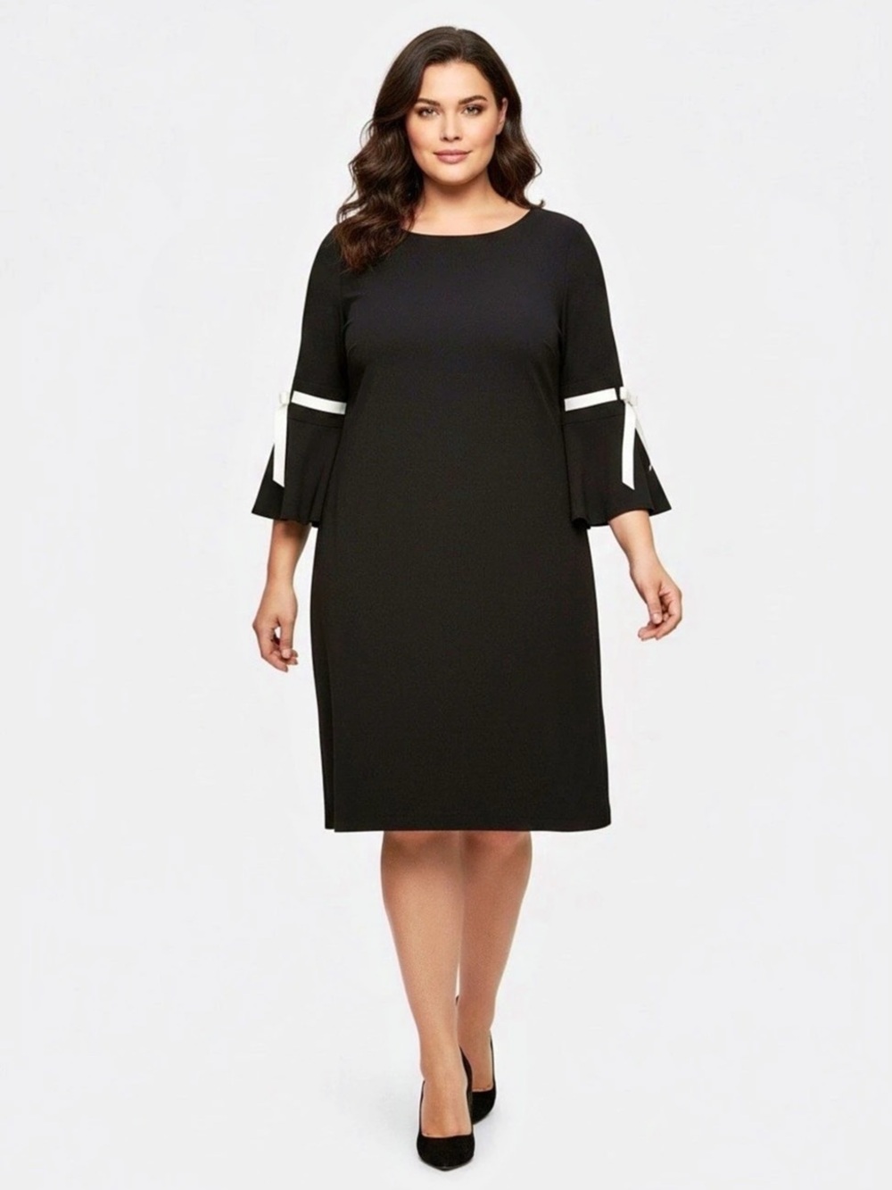 Calvin Klein Elegant Black Dress with White Bow Trim on Sleeves Black Bell